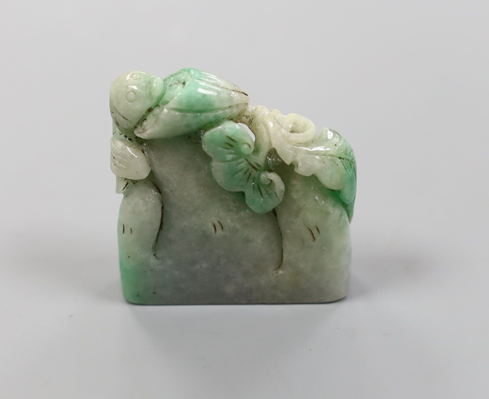 A Chinese jadeite fish and lotus carving 5.5cm